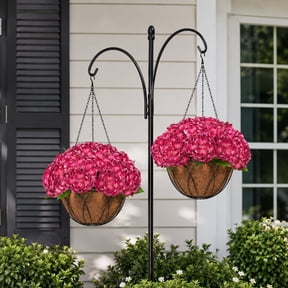 RosyHaven 2Pack Real Touch Faux Hanging Plants Flowers Basket for Outdoor Decoration,Hanging Hydrangea Artificial Flowers in Basket for Porch Home Patio Balcony Yard,(Red Rose)