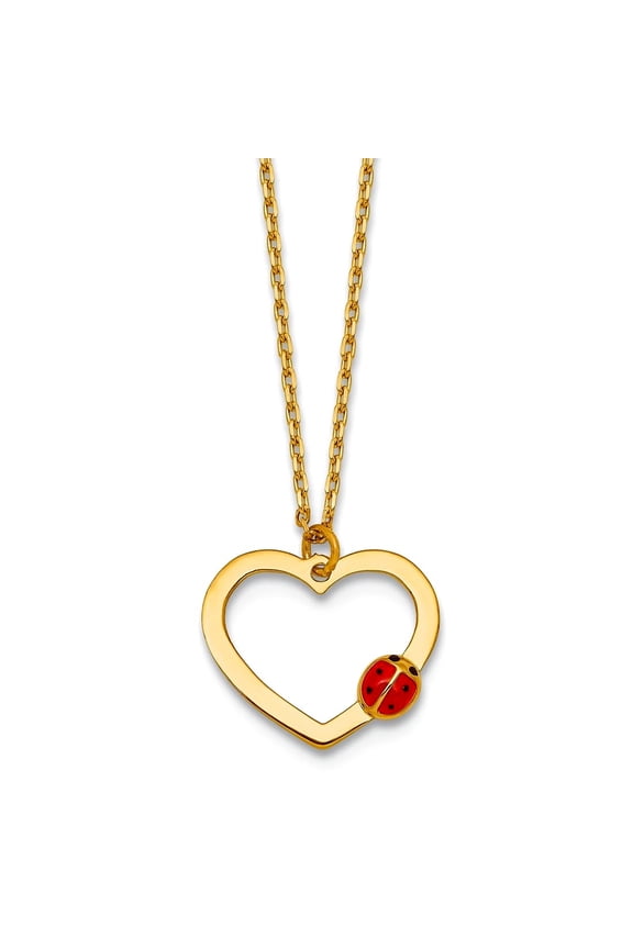 13.2mm 14k Solid Yellow Gold Polished Love Heart With Enamel Ladybug With .75 Inch Extension Mini Necklace 15.5 Inch Pen