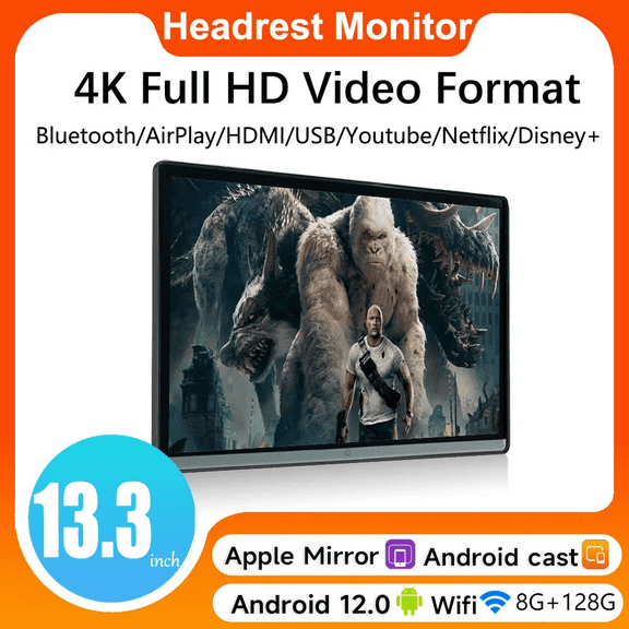 13.3 INCH Android 12 8G+128G Car Headrest Monitor IPS Tablet Touch Screen For Car Rear Seat 4K Video Music TV Player