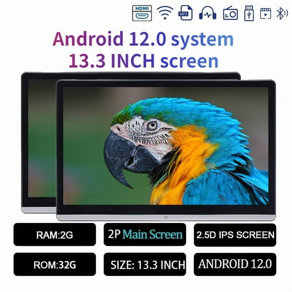 13.3 Inch Car Headrest Monitor Display IPS Android 12 2G+32G Touch Screen For Car Rear Seat Player Dual HDMI Music