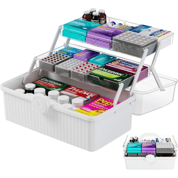 13.3 Inch Craft Box Organizer and Medicine Organizer Storage with 2 Tier Tray,Multifunctional Plastic Sewing Organizer,Cute First aid Kit Empty Box with Handle and Craft Supply Organizer