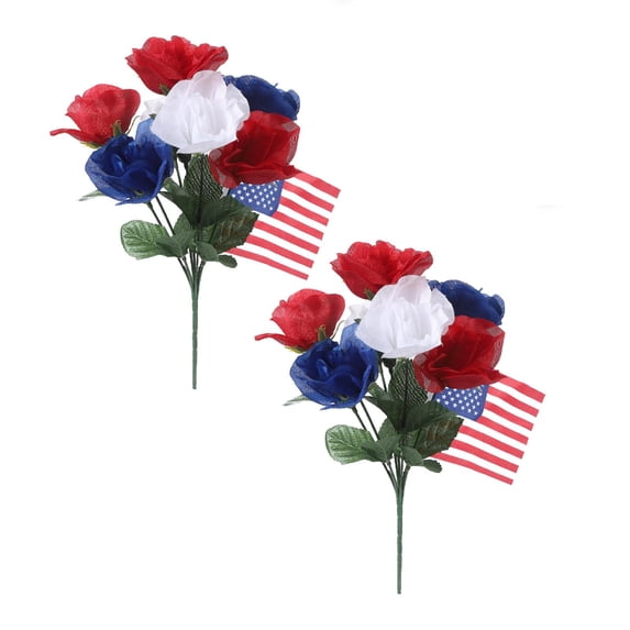13.3" Patriotic Artificial Rose Flowers Table Centerpiece, 4th of July Red White and Blue Flower Decorations for Vase Filler, DIY Bouquet, Independence Day Home Party Supplies for Mantel Table
