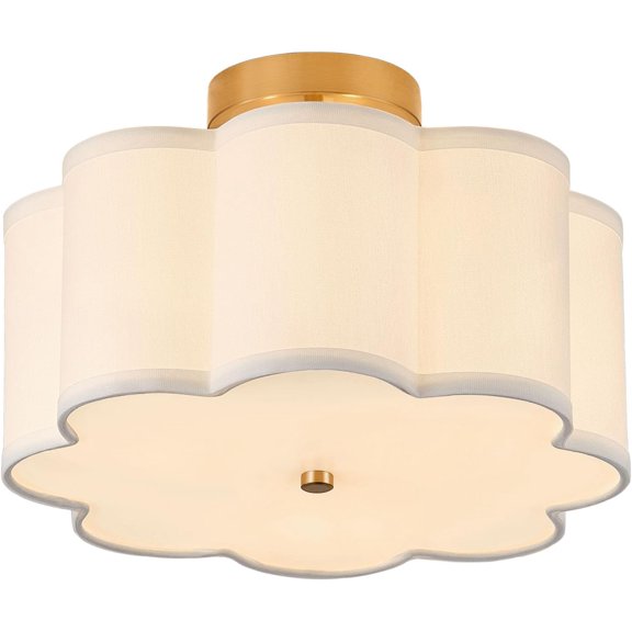 13.3"Semi Flush Mount Ceiling Light Fixture, 3-Light Modern Close to With Fabric Flower-Shaped Shade, Fixtures for Bedroom Nursery Kids Room Living Room(Gold)