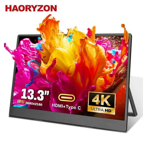 13.3-inch 4K UHD Portable Monitor 3840x2160 IPS Display USB-C & HDMI Laptop Extended Screen for MacBook Pro Photo Editing Gaming with Stand Black