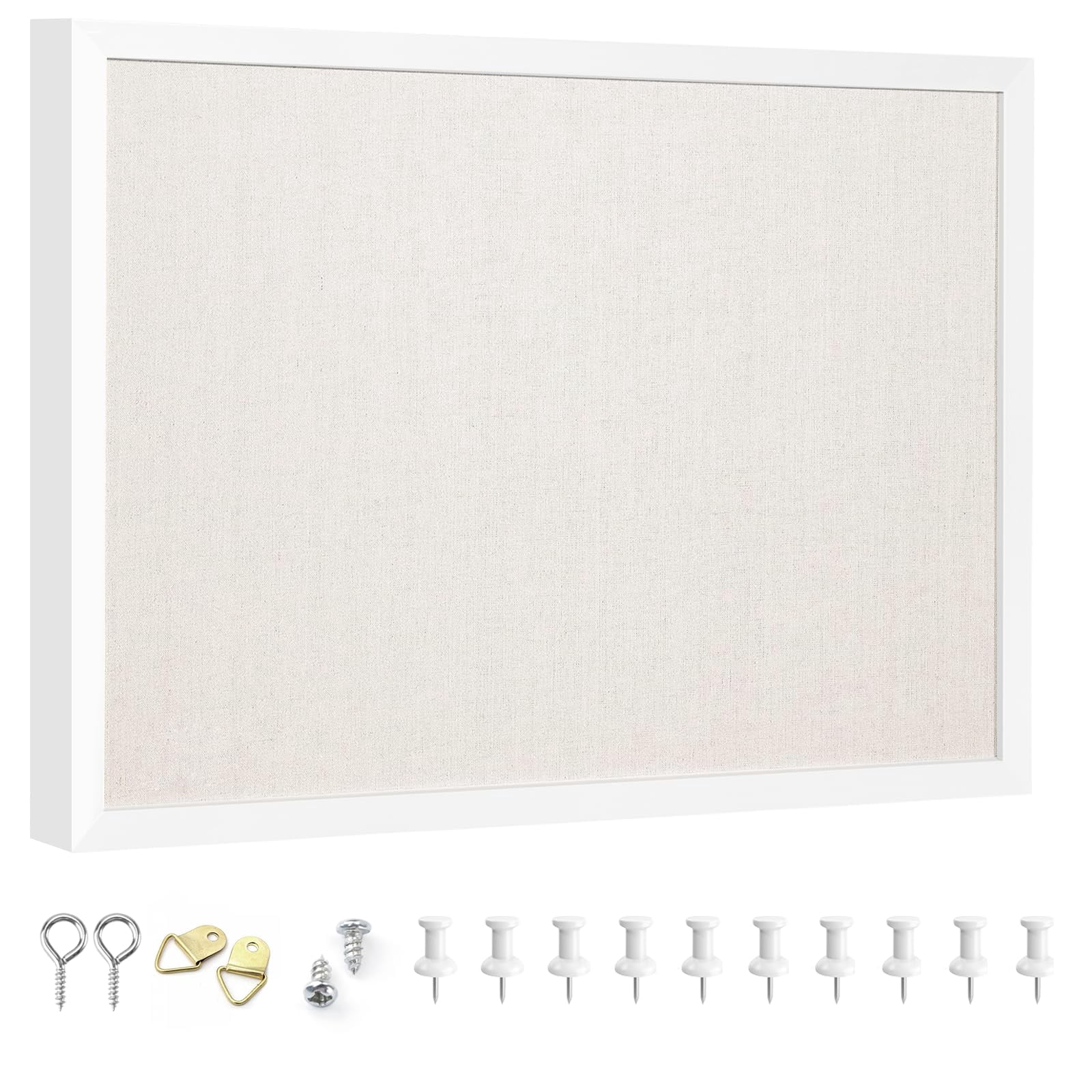 13.3"x17.7" Inch Bulletin Board With Linen  White Wood Style Frame 10 Pushpins Cork Ideal For School Home & Office