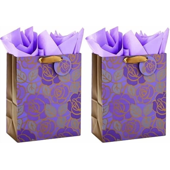13" Large Gift Bag with Tissue Paper (Purple Flowers,Gold Accents) for Birthdays,Mother's Day,Bridal Showers,Weddings,Retirements,Anniversaries,Engagements,Any Occasion,(Pack of 2)