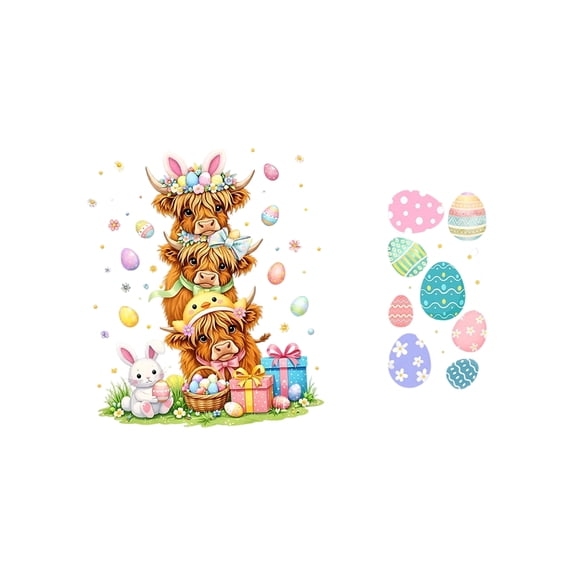 13.38in Easter Highland Cow Window Clings with Easter Eggs for Glass Door Decor, Easter Decorations PVC Cartoon Static Stickers