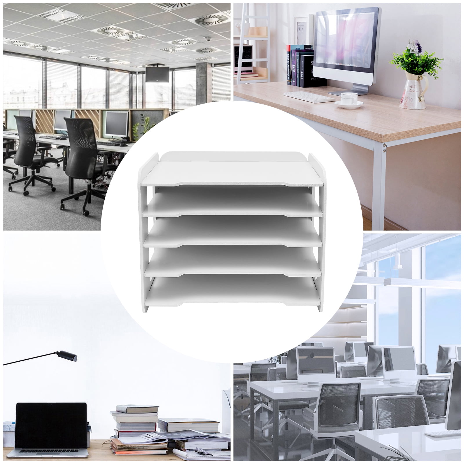 13.39*10.24*10.43 White Desk Paper Organizer with 5 Tier Storage Shelf Desktop File Holder Document Rack