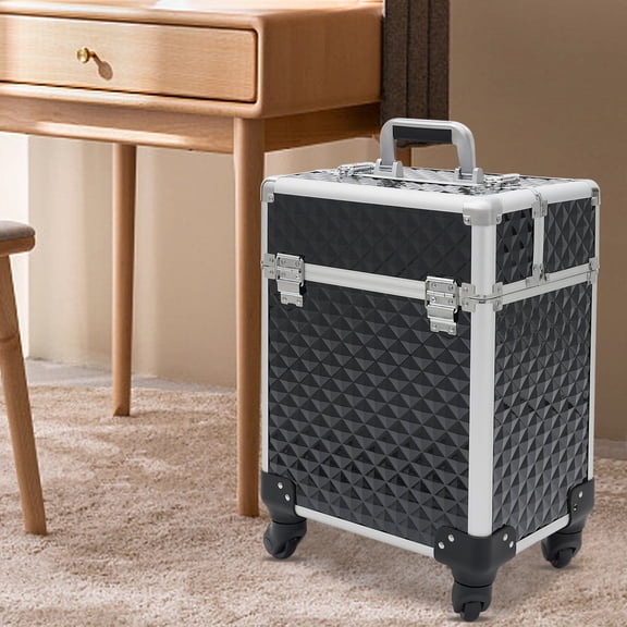 13.39*9.45*16.14in 2-tier Foldable Trays On Both Sides Modern Black Rolling Makeup Case With An Adjustable Pull Rod