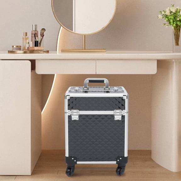 13.39*9.45*16.14in 2-tier Foldable Trays On Both Sides With An Adjustable Pull Rod Modern Black Rolling Makeup Case