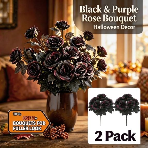 13.39" Black and Purple Roses Artificial Flowers Bouquet, 2 Bouquet Gothic Fake Silk Flowers with Maple Leaves for Halloween Table Decor, Home Party, by Zovey