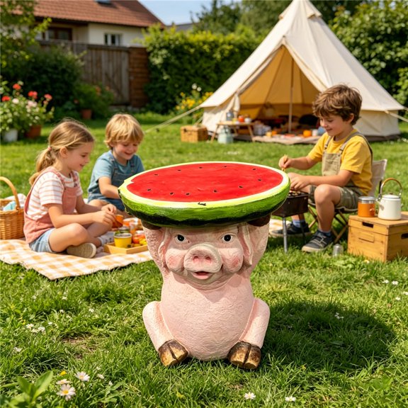 13.39" High Cute Pig Side Table, 11.34" Wide Resin Pig with Watermelon Top, Multi-Functional Plant Stand & End Table for Home & Garden Decoration