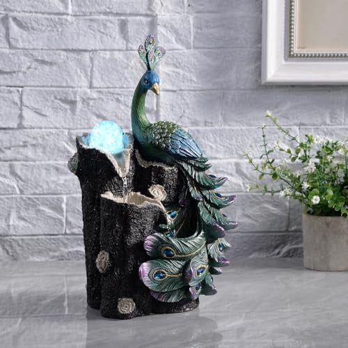 13.39" Imitation Water Fountains Indoor with Glass Rotating Ball, Peacock Feature, RGB LED Lights, Desktop/Office Relaxation Decor Fountain (23048)$$Home Decor, Kitchen, & Other