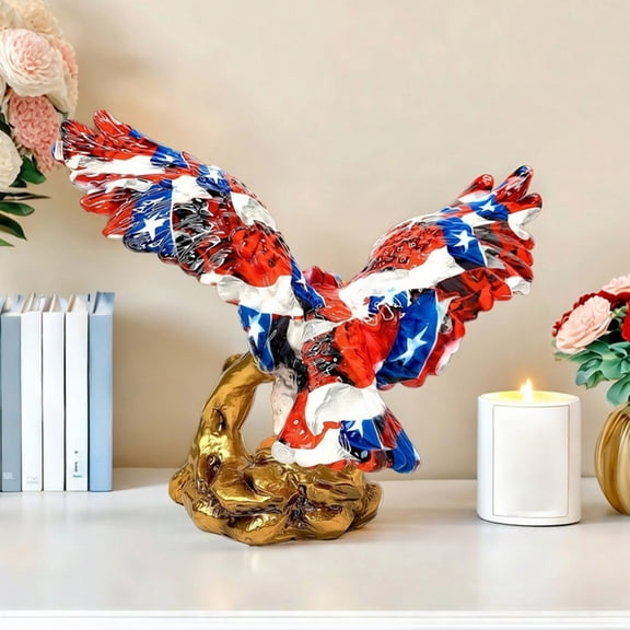 13.4"American Eagle Patriotic Statue, Flying Wild Bird Eagle with US Flag Decor Bronze Patina Resin Figurine