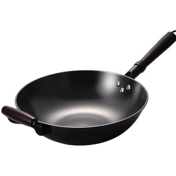 13.4" Cast Iron Flat-bottom Wok, Traditional Chinese Cooking Pan, Saute Stir-Fry Cookware with Wooden Handle, Physical Non Stick, Use on Induction, Electric, Gas, Open Fire,BBQ,Grill &Camping