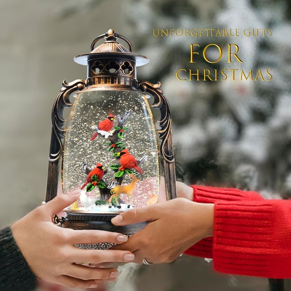 13.4 in Christmas Snow Globe Lantern with Swirling Glitter, Lighted Musical Cardinal & Animal Scene, Rotating Indoor Holiday Decoration, USB or Battery Powered