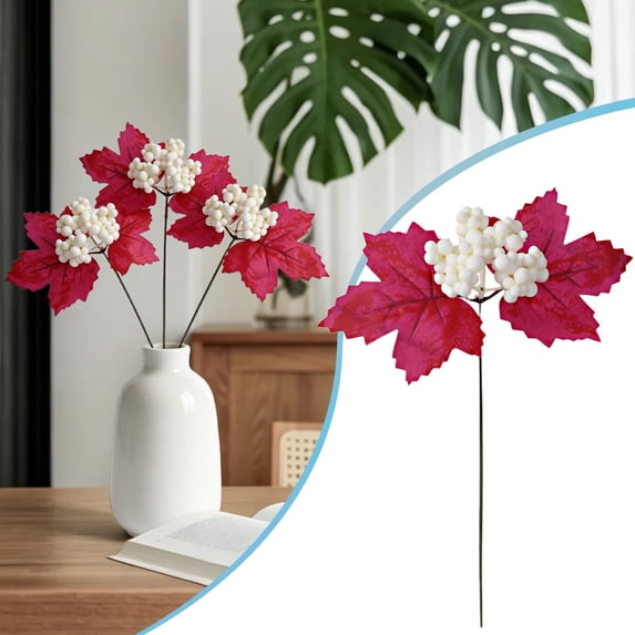 13.4 Inch Autumn Thanksgiving Faux Floral Stem, Maple Leaves & White Berries, Bendable Polyester Wire Stem, Rustic Branch for Christmas Tree Wreath Indoor Outdoor Fall Home Decor,1PC
