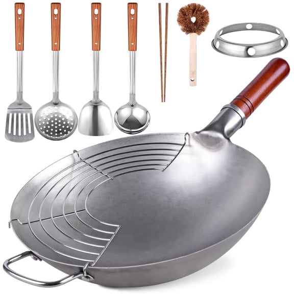13.4 Inch Hand Hammered Carbon Steel Wok Set, Traditional Round Bottom Chinese Wok Pan with 8 Pieces Complete Cookware Accessories