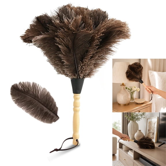 13.4 Inch Natural Ostrich Feather Duster, Anti-Static Fluffy Handheld Duster with Wood Handle, Reusable Duster for Home Car Office Furniture Delicate Surfaces