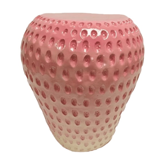 13.4 Inch Pink Gradient Strawberry Resin Stool, Checkered Perforated Fruit Side Table Plant Stand, Water Resistant Indoor Outdoor Decor Furniture
