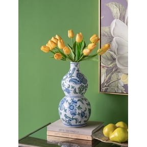 13.4 Inch Porcelain Double Gourd Vase with Cherry Blossom Patterns, Blue & Green Table Vase for Mantel Chinoiserie