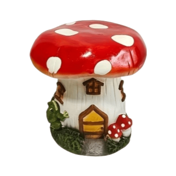 13.4 Inch Red Mushroom House Resin Garden Stool, Fairy Tale Cottage Sculpture Accent Table, Weatherproof Outdoor Decor Seat for Yard/Lawn/Kids Bedroom