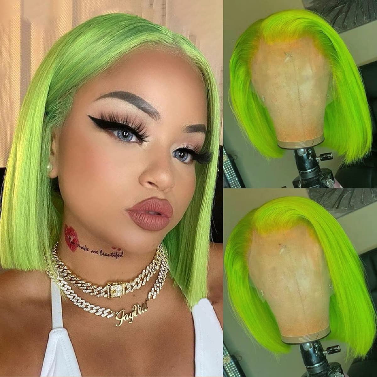 13×4 Lace Front Wigs Short Bob Wigs Green Colored Wig Virgin Human Hair Pre Plucked Natural Hairline Lace Frontal Wigs Brazilian Hair Wigs Bleached Knots