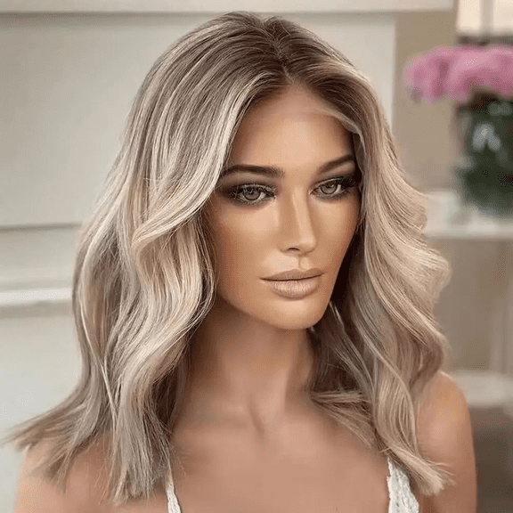 134 Net Cap Big Waves Big Waves Soft Human Hair Wig for Women 14" Sparkle Blonde 150 Density Lace Front with Crown Hair Daily Wear Preferred