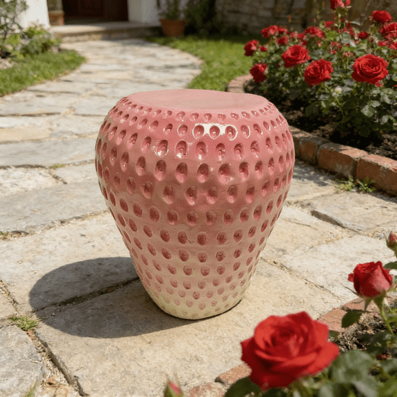 13.4" Pink Strawberry-Shaped Resin Stool, Multi-Purpose Indoor/Outdoor Side Table & Plant Stand