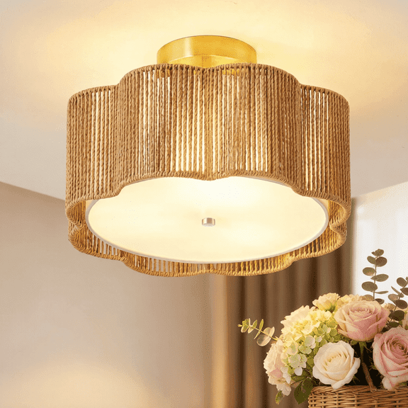 13.4" Rattan Flush Mount Ceiling Light Fixtures,3-Light Boho Rattan Light Fixtures Ceiling Mount for Bedroom,Mini Rattan Chandelier,Small Chandelier Lighting for Dining Room Hallway