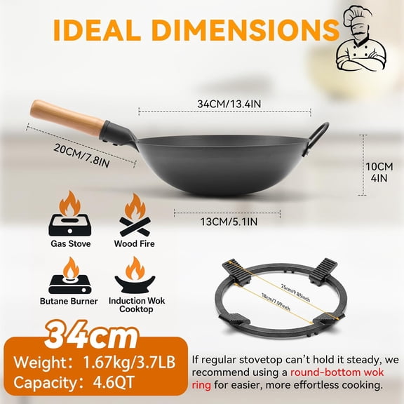 13.4" Round-Bottom Iron Wok, Deep Chinese Stir-Fry Pan (Seasoning Required), Wok Ring Required, Not Flat-Top/Induction — No Lid, No Ring, Wooden Handle, Coating-Free