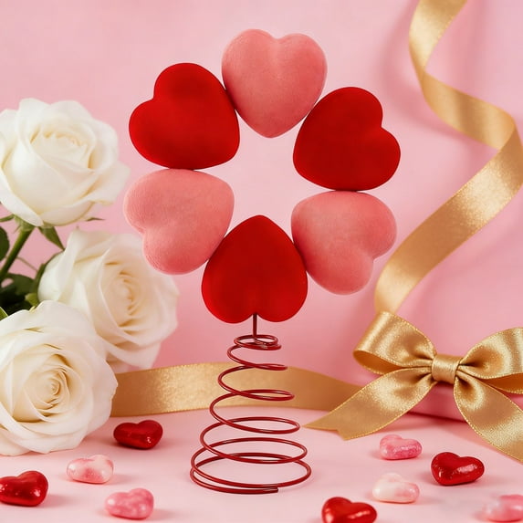 13.4" Valentine's Day Tree Topper, Red Pink Heart Tree Topper, Holiday Tree Decoration Love Ornament with Spiral Base, Large Heart Treetop Ornament for Wedding Party Home Decor Gift