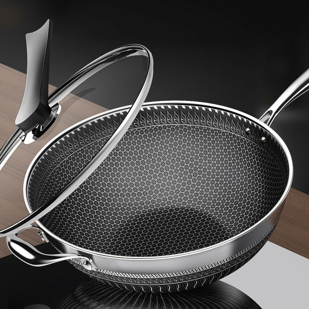 13.4 in Induction NonStick Stainless Steel Wok Pan with Lid, Double Sided Kitchen Fry