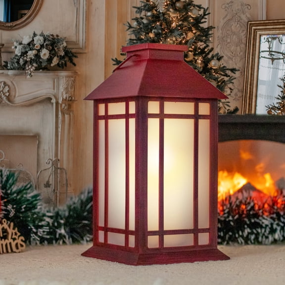 13.4 inch Red Christmas Lantern with 6 Hour Timer & Flickering Flame,Decorative Lantern,Christmas Decor