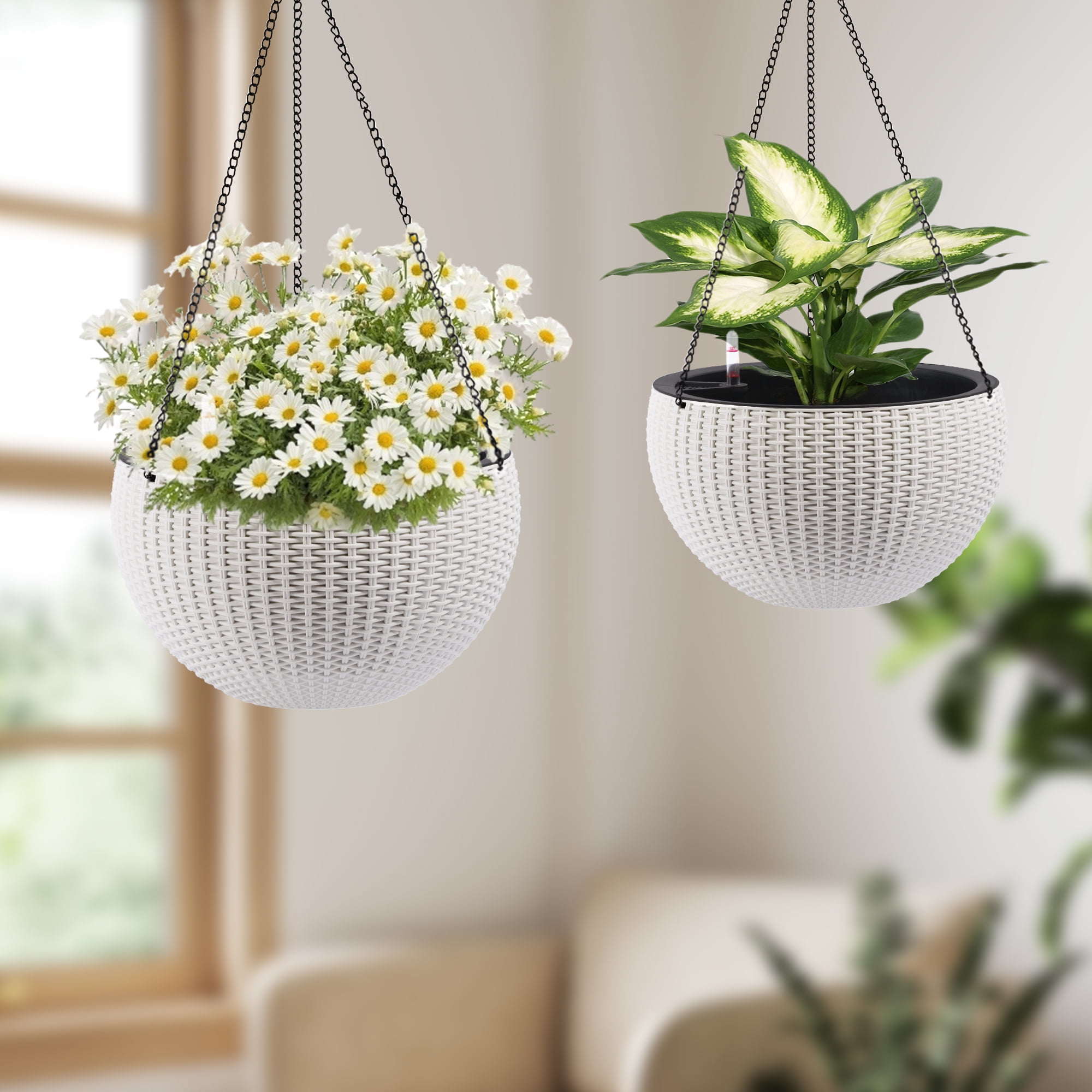 13.4 inch Self-Watering Planter Large Capacity, Root-Rot Resistant Water Storage with Water Level Indicator, Dual-Use for Indoor & Balcony Decoration (Pack of 2, White)