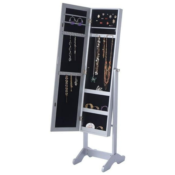 13.4 x 15.4 x 57 in. Armoire Mirrored Jewelry Cabinet Organizer Storage Box with Stand - White