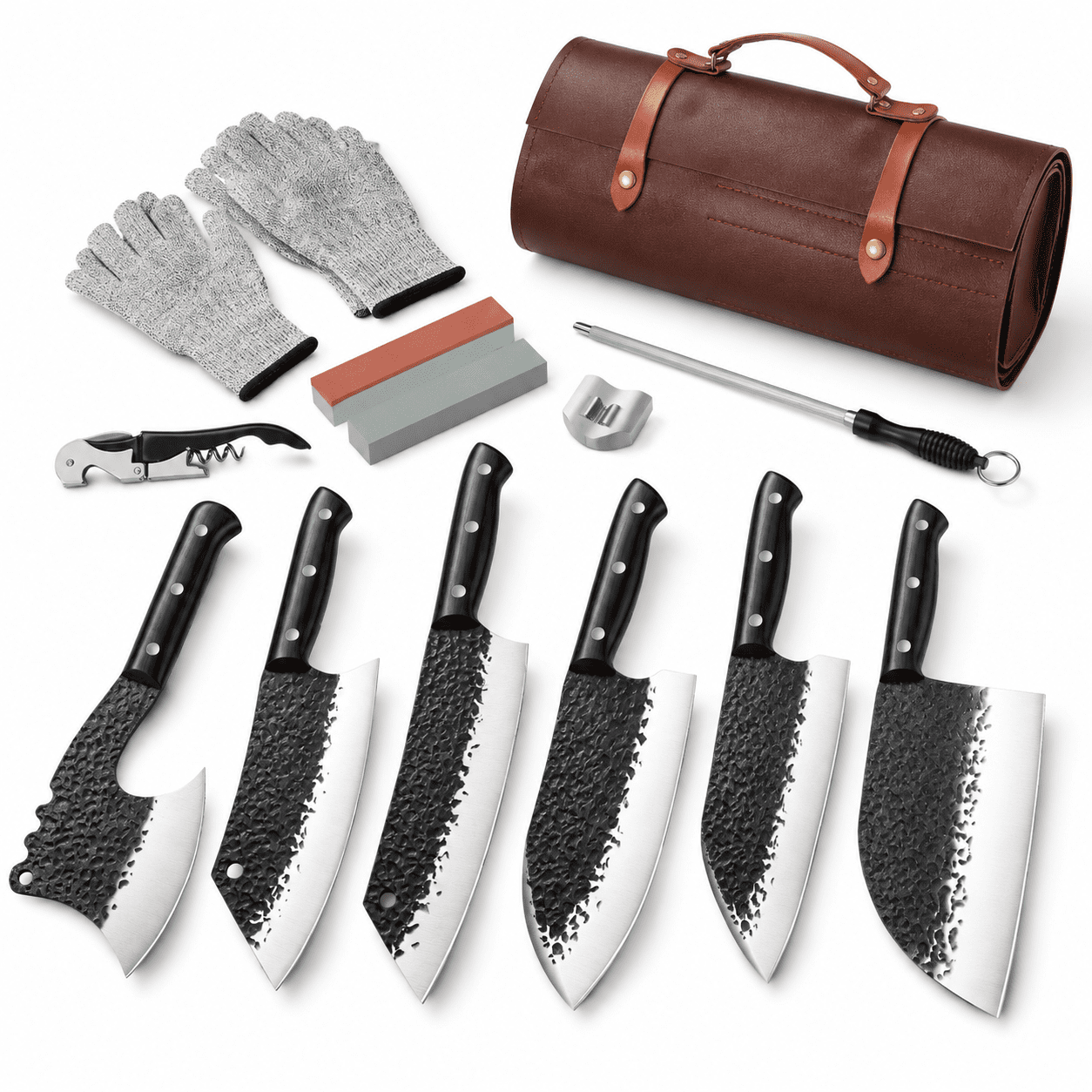 13.41in 7-Piece High Carbon Steel Butcher Set With Storage Roll Bag ...