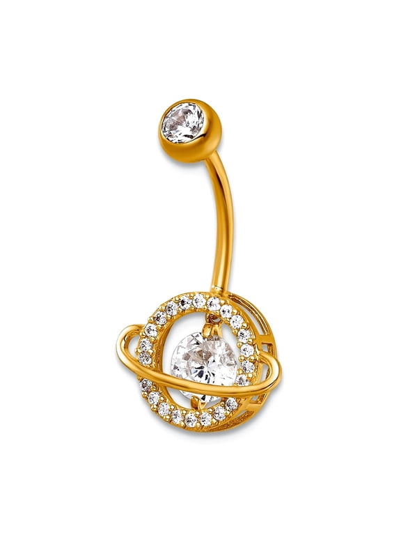 13.45mm 14k Solid Yellow Gold 16 Gauge Polished Vibrant Cubic Zirconia Saturn Planet Navel Ring Ring for Women