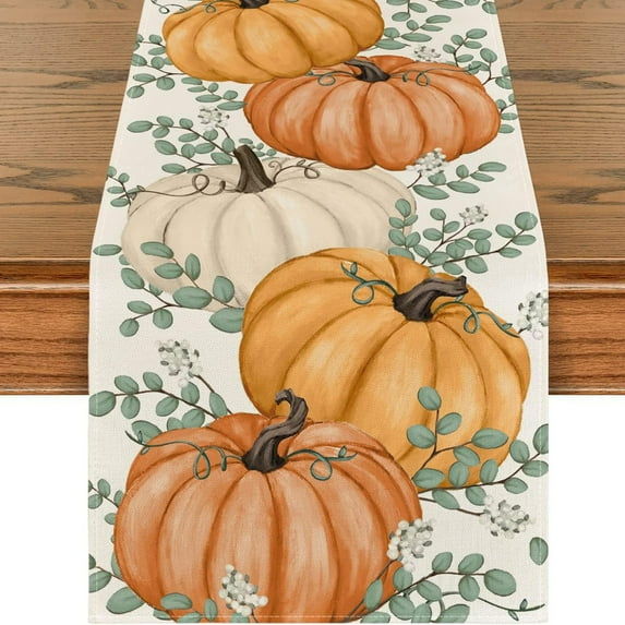 13" * 48" Fall Pumpkin & Eucalyptus Leaves Printed Table Runner, Thanksgiving Decorative Tablecloth for Dining Table, TV Stand & Shoe Cabinet, Perfect Halloween & Thanksgiving Decorations