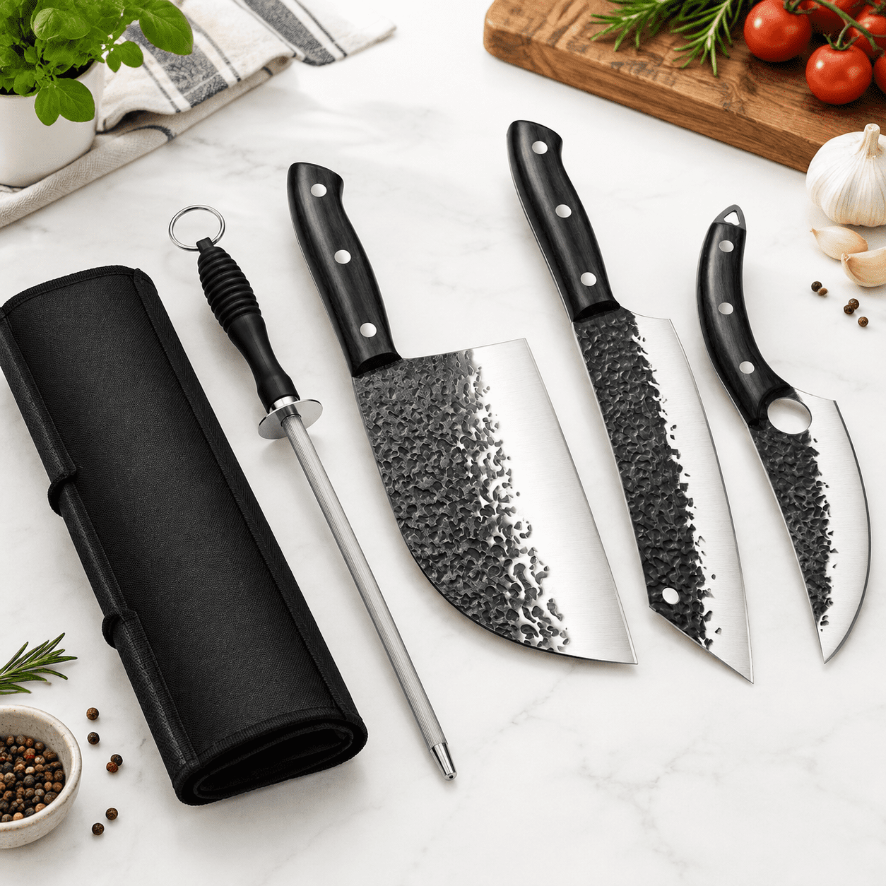 13.4in High Carbon Steel Kitchen Butcher Cutlery Set with Storage Roll ...