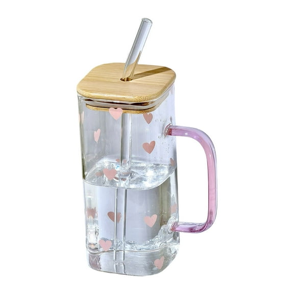 13.4oz Square Glass Cup with Handle Bamboo Lid and Straw,Glass Tumbler,Iced Coffee Cups Hot/Cold Drinks（Pink Heart）