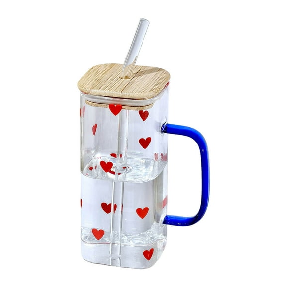 13.4oz Square Glass Cup with Handle Bamboo Lid and Straw,Glass Tumbler,Iced Coffee Cups Hot/Cold Drinks（Red Heart）
