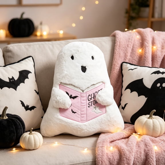 13.5*16IN Reading Ghost Plush Throw Pillow, Soft Fluffy Halloween Embroidered Cushion, Bat & Mini Ghost Print Decorative Pillow For Sofa Bedroom Fall Decor