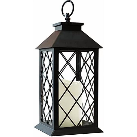 13.5" Black Vintage Candle Lantern with LED Pillar Candle and Timer - IP44 Waterproof Porch Light - Tabletop Lantern Decorative Outdoor