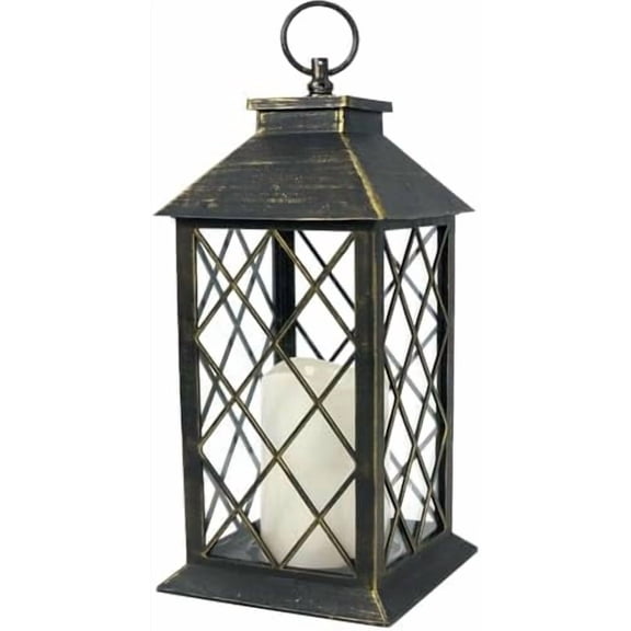 13.5" Outdoor Candle Lantern Decorative with LED Pillar Candle Battery Powered (Distressed Gold, 6hr Timer) - IP44 Waterproof Decorative Tabletop Lanterns Hanging Lanterns Indoor Outdoor