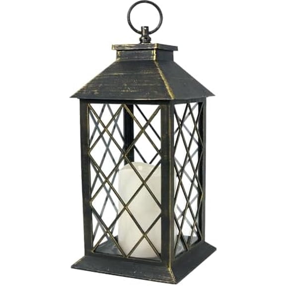 13.5" Outdoor Candle Lantern Decorative with LED Pillar Candle Battery Powered (Distressed Gold, 6hr Timer) - IP44 Waterproof Decorative Tabletop Lanterns Hanging Lanterns Indoor Outdoor