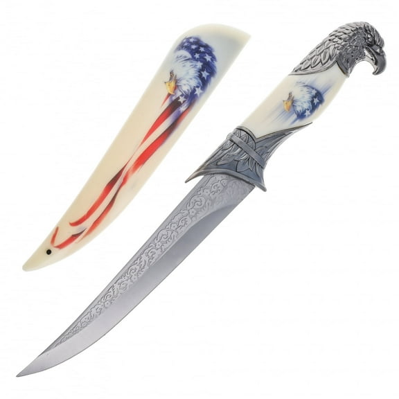 13.5" American Eagle Flag Collector Etched Blade Hunting Knife with Scabbard