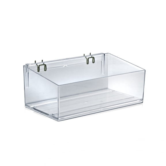 Clear 13.5 wide Open Bin Tray for Pegboard or Slatwall. Storage Container includes 2 Metal U-Hooks for hanging. Adjustable Slide In Dividers Sold Separately