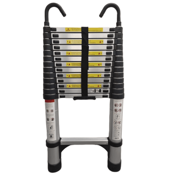 13.5 Ft Aluminum Telescopic Ladder with Non Slip Feet, 300 lbs Capacity, Foldable Ladder with Hooks for RV or Outdoor Work, Lightweight Portable Extension Ladder for Home Maintenance