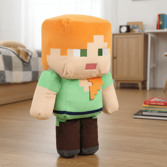 13.5 Inch Pixel Style Girl Plush Toy, Orange Hair Stuffed Character Doll with Green Shirt and Brown Pants, Block Style Plush Figure for Room Decor, Shelf Display and Gift